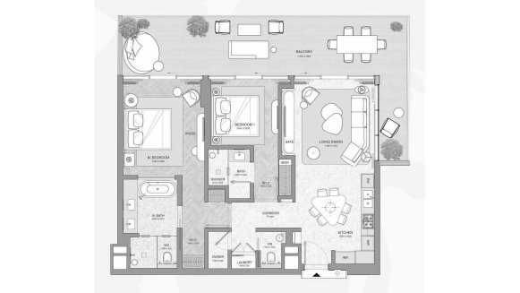 Планировка квартиры 2 спальни в ЖК JW MARRIOTT RESIDENCES № 11007 (2D)