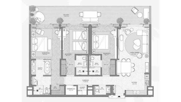 Планировка квартиры 3 спальни в ЖК JW MARRIOTT RESIDENCES № 11008 (2D)