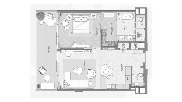 Планировка квартиры 1 спальня в ЖК JW MARRIOTT RESIDENCES № 11009 (2D)