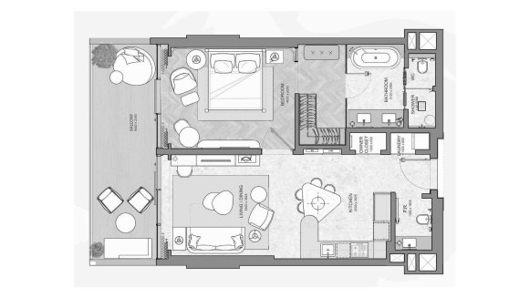 Планировка квартиры 1 спальня в ЖК JW MARRIOTT RESIDENCES № 11010 (2D)
